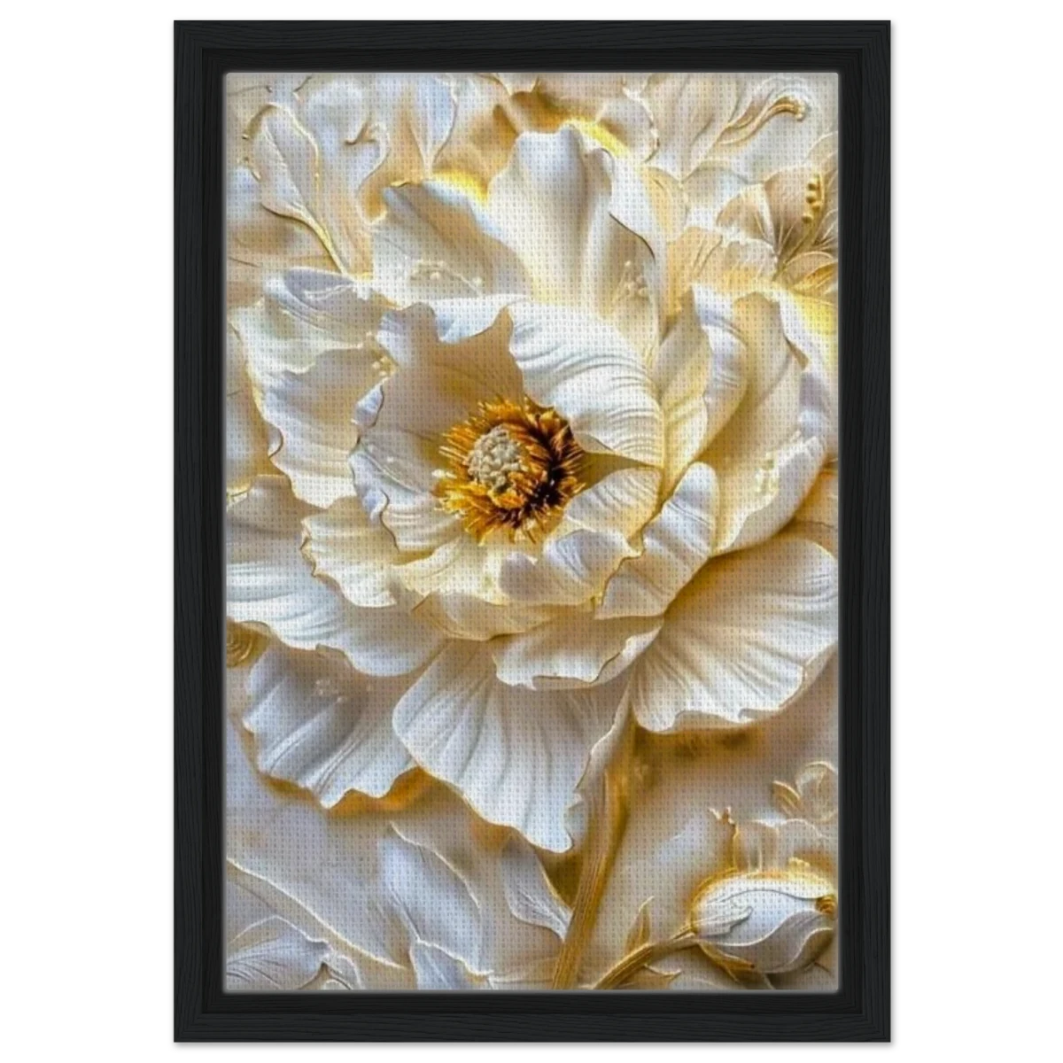 Golden Blossom – A Luxurious Floral Masterpiece | Floral Wall art Print - Framed Canvas - 30x45 cm / 12x18″ - Black frame