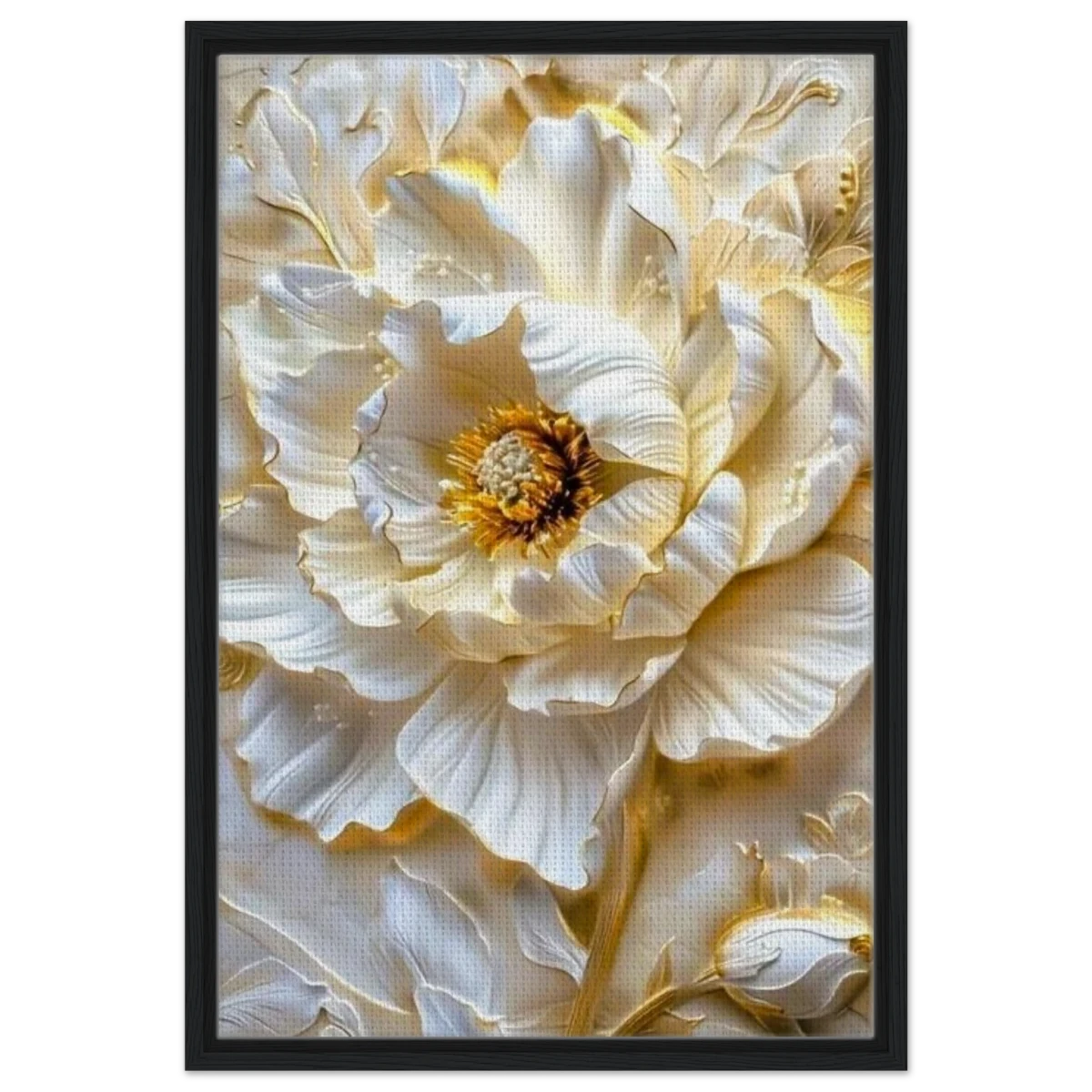Golden Blossom – A Luxurious Floral Masterpiece | Floral Wall art Print - Framed Canvas - 50x75 cm / 20x30″ - Black frame