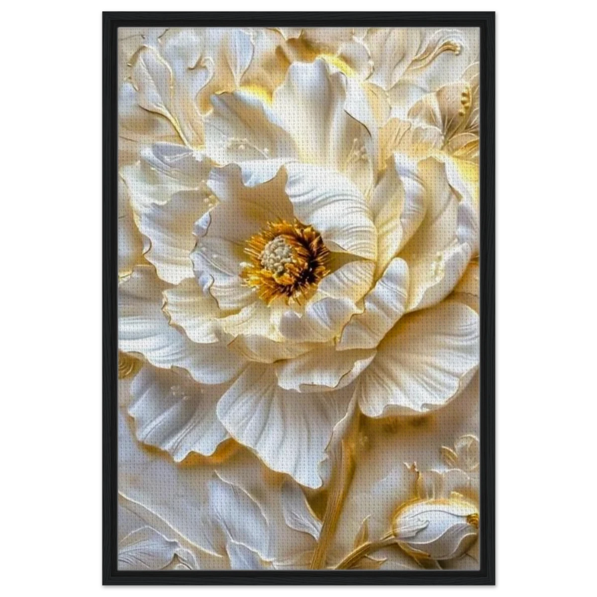 Golden Blossom – A Luxurious Floral Masterpiece | Floral Wall art Print - Framed Canvas - 60x90 cm / 24x36″ - Black frame