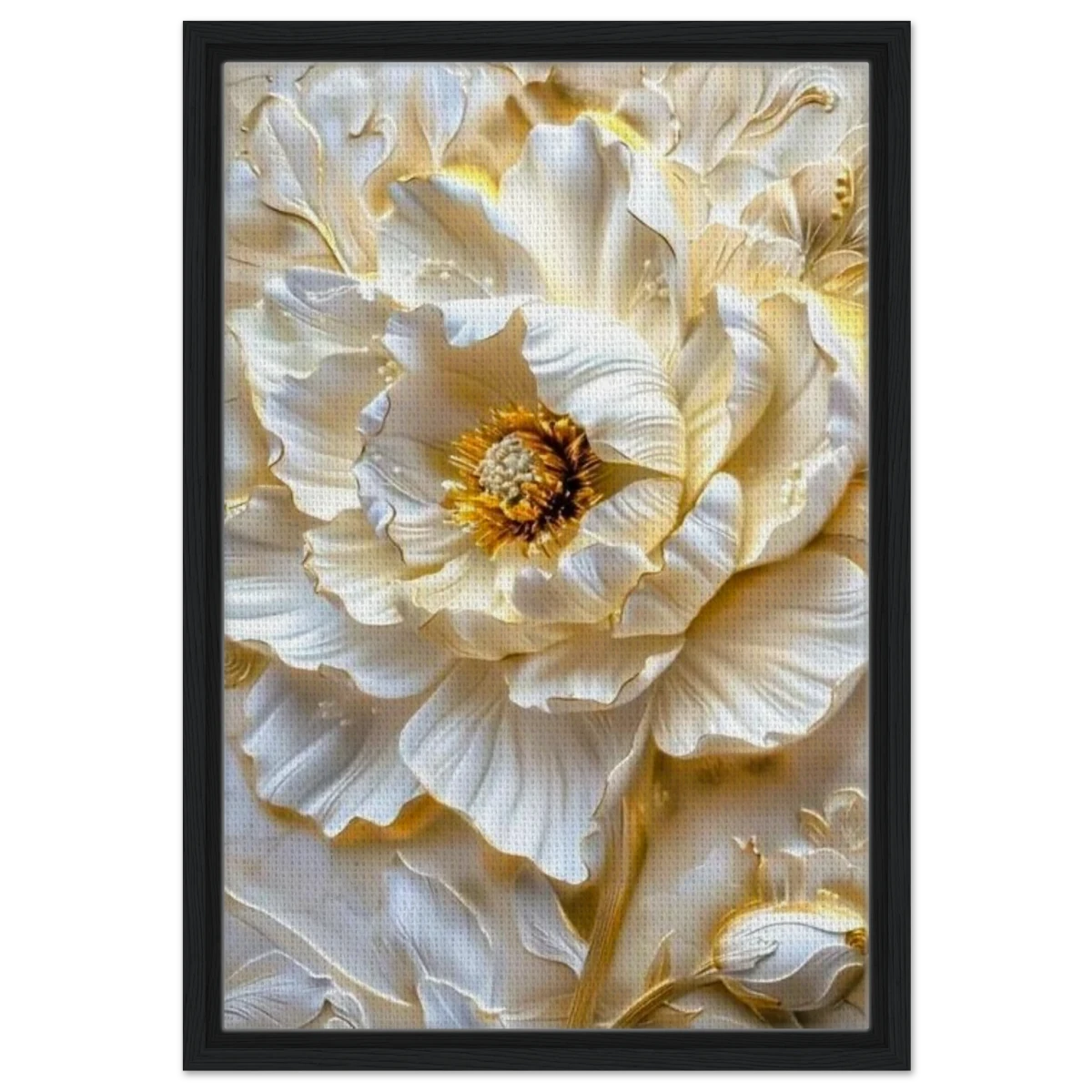Golden Blossom – A Luxurious Floral Masterpiece | Floral Wall art Print - Framed Canvas - 40x60 cm / 16x24″ - Black frame