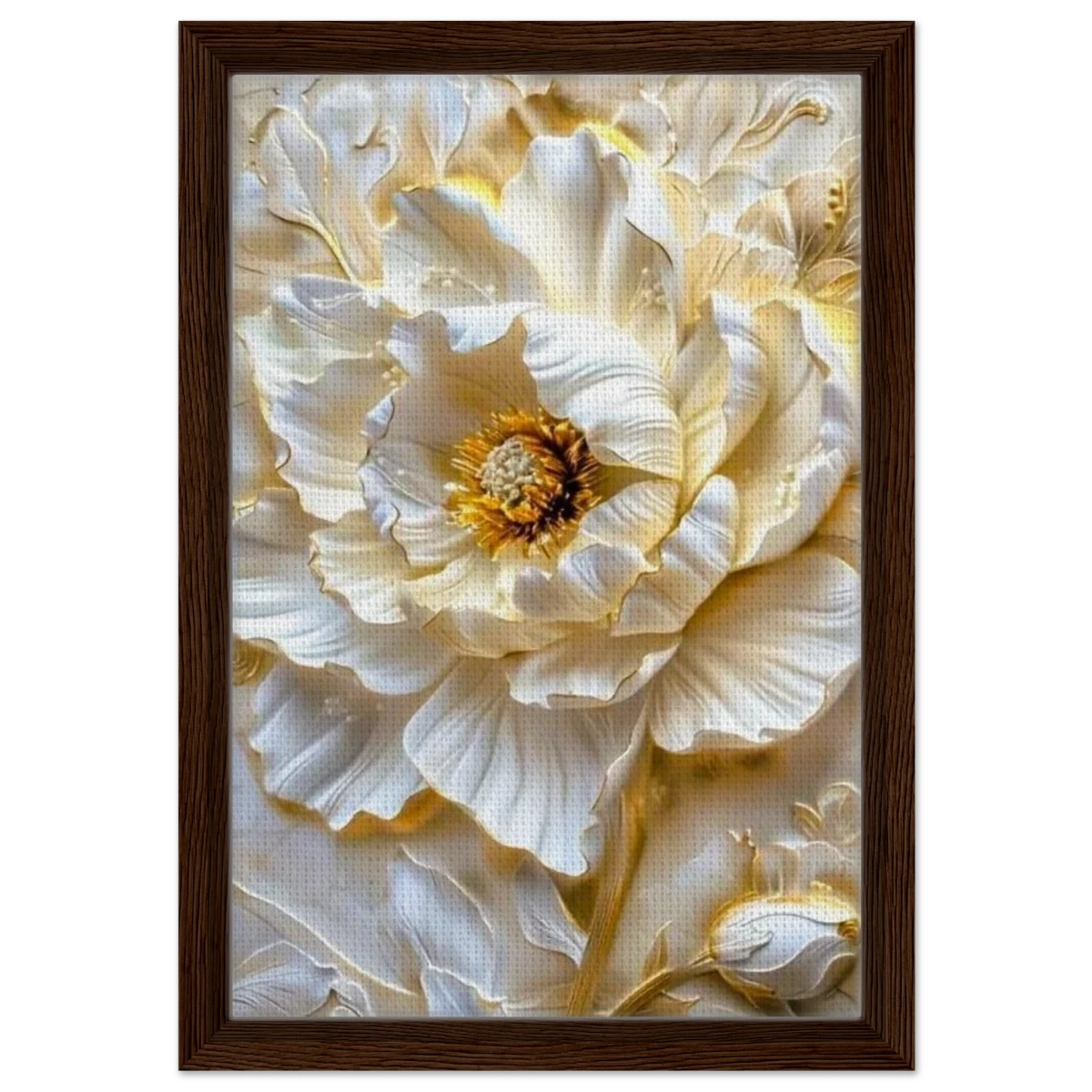 Golden Blossom – A Luxurious Floral Masterpiece | Floral Wall art Print - Framed Canvas - 30x45 cm / 12x18″ - Dark wood frame