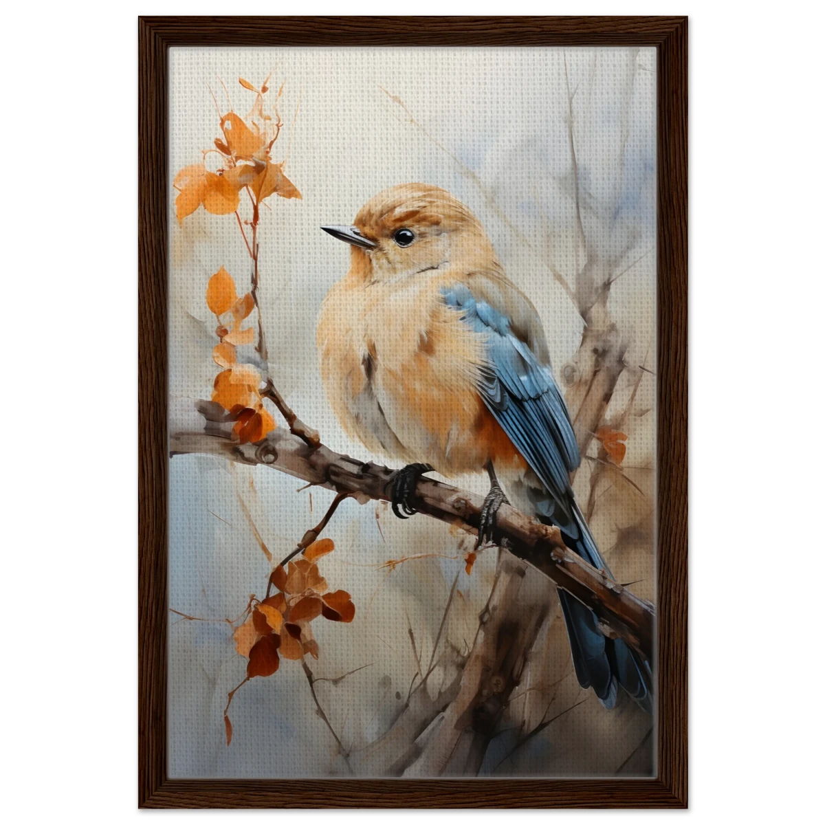 Golden Bluebird on Autumn Branch – Nature Wall Art Print - Framed Canvas - 40x60 cm / 16x24″ - Dark wood frame