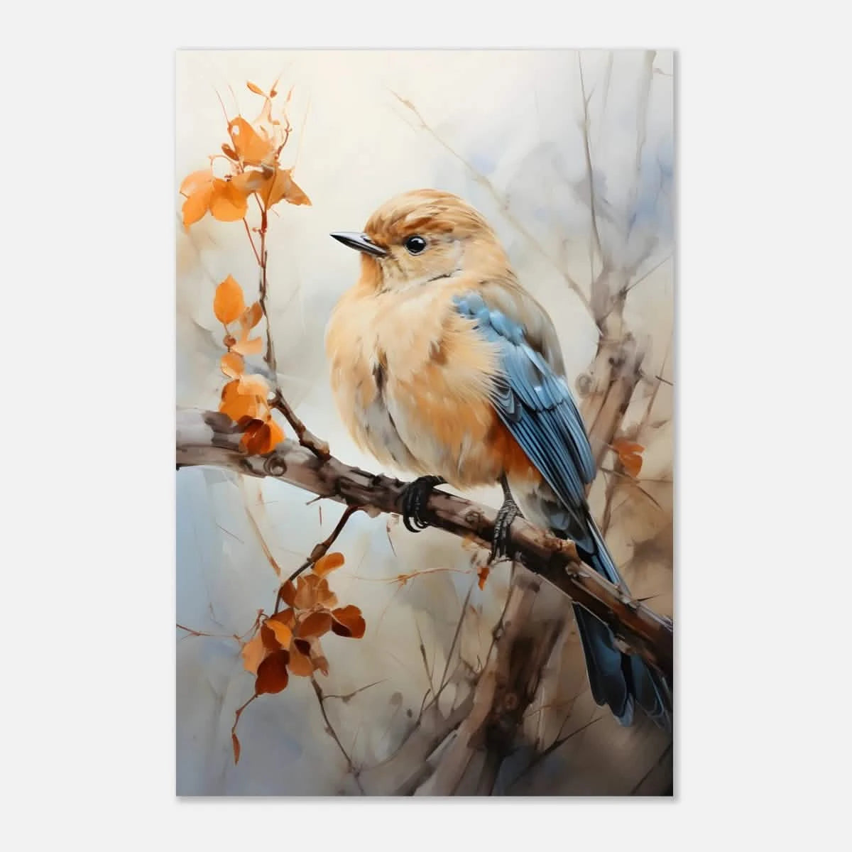 Golden Bluebird on Autumn Branch – Nature Wall Art Print - Aluminum Print - 30x45 cm / 12x18″ -