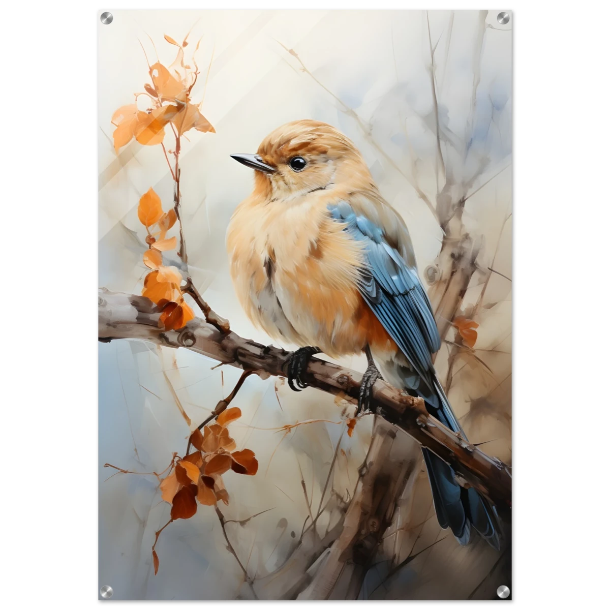 Golden Bluebird on Autumn Branch – Nature Wall Art Print - Acrylic Print - 70x100 cm / 28x40″ -