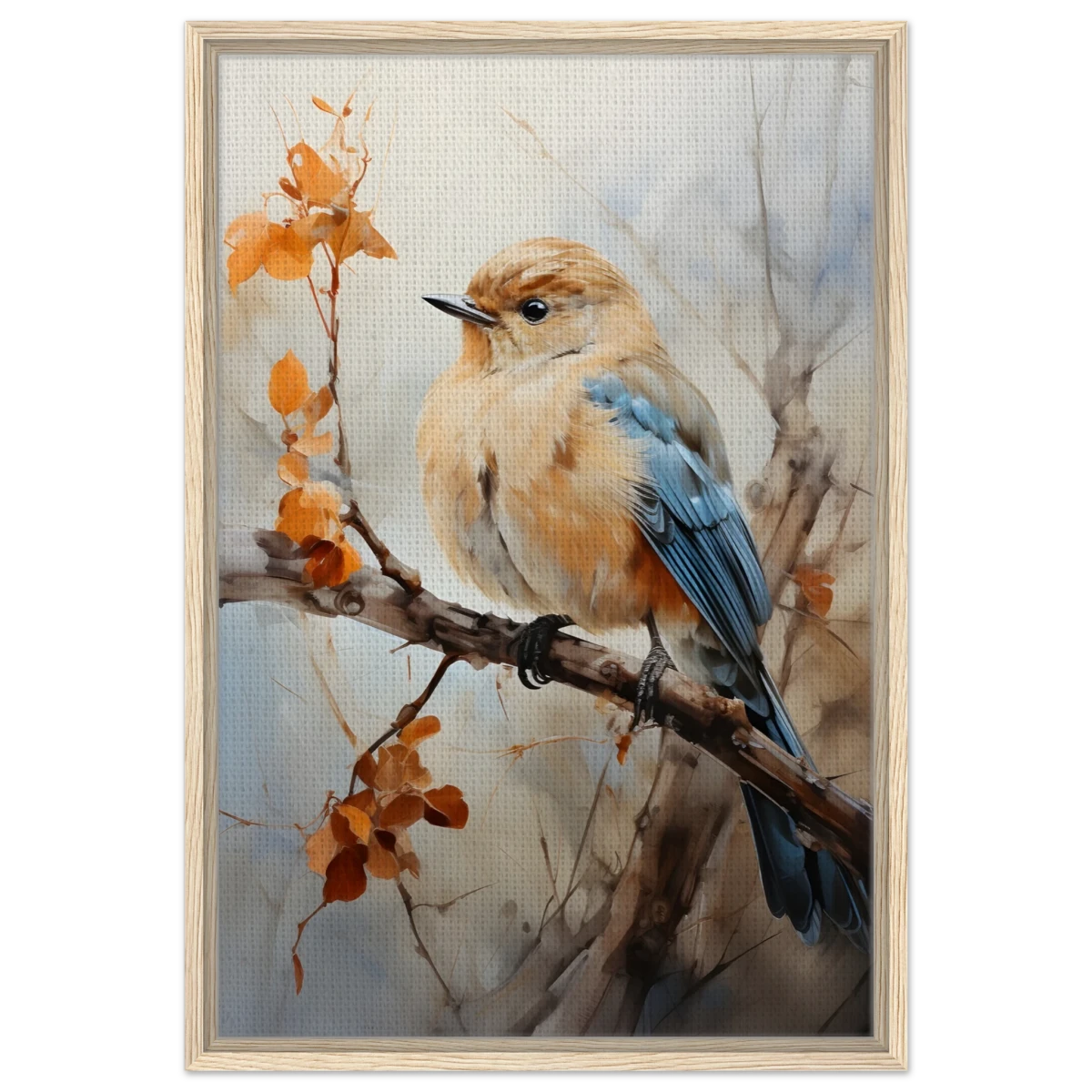 Golden Bluebird on Autumn Branch – Nature Wall Art Print - Framed Canvas - 50x75 cm / 20x30″ - Wood frame