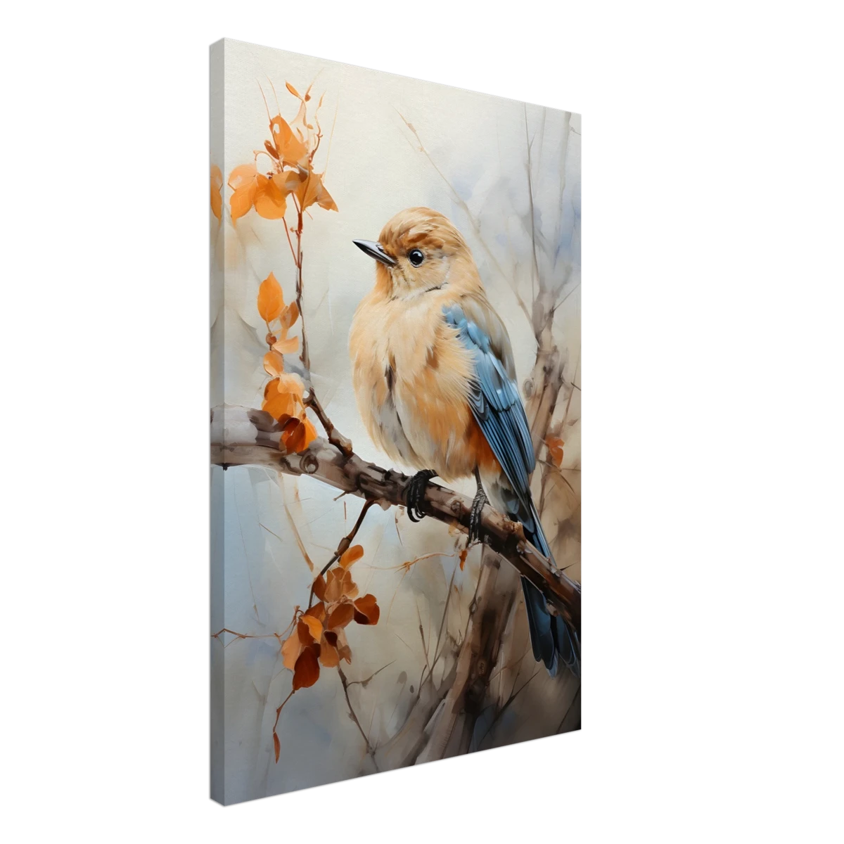 Golden Bluebird on Autumn Branch – Nature Wall Art Print - Canvas - 50x75 cm / 20x30″ -