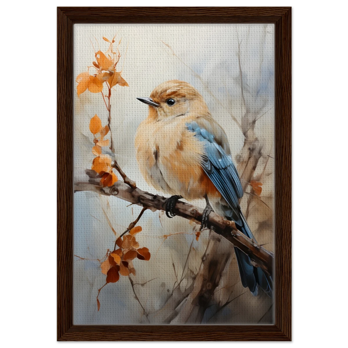 Golden Bluebird on Autumn Branch – Nature Wall Art Print - Framed Canvas - 30x45 cm / 12x18″ - Dark wood frame