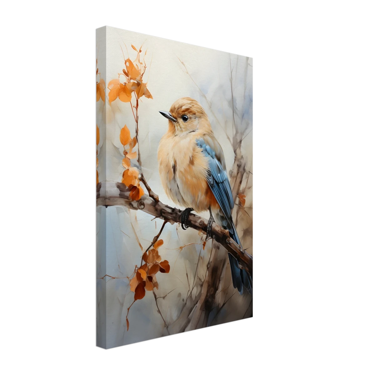 Golden Bluebird on Autumn Branch – Nature Wall Art Print - Canvas - 30x45 cm / 12x18″ -