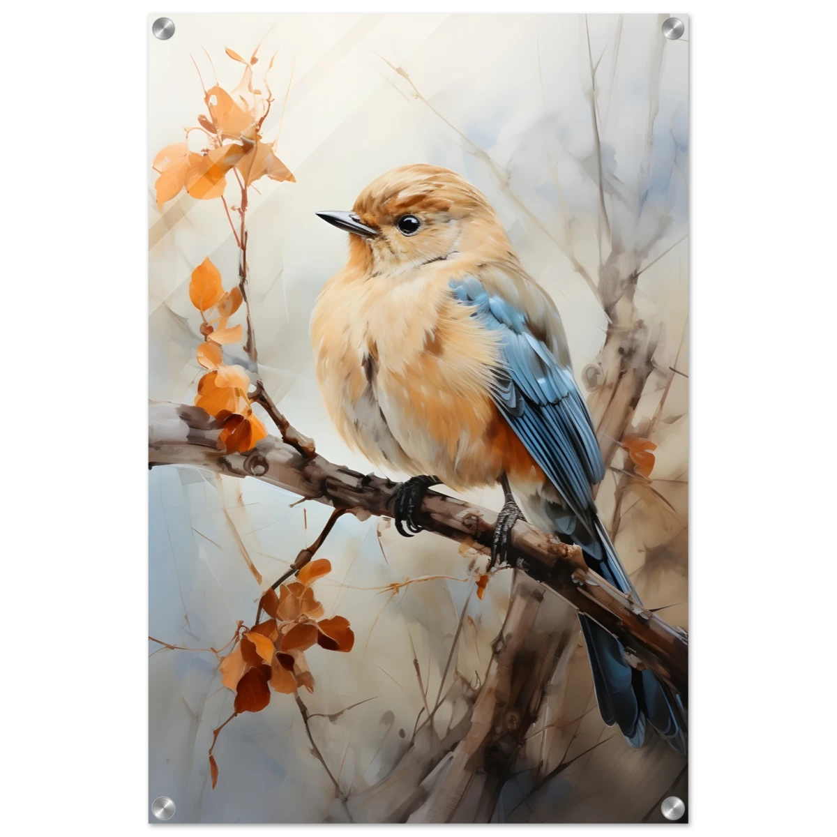 Golden Bluebird on Autumn Branch – Nature Wall Art Print - Acrylic Print - 50x75 cm / 20x30″ -