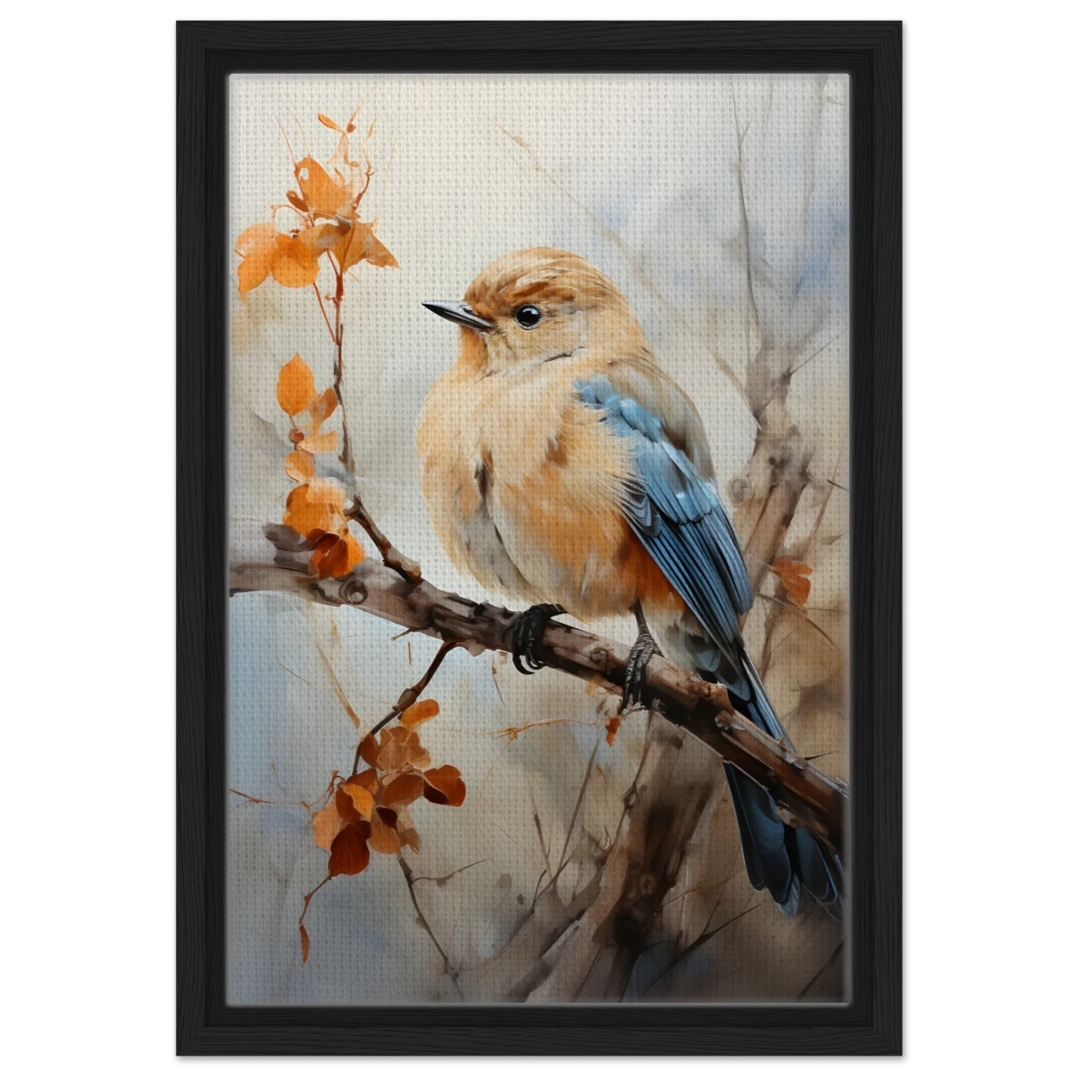 Golden Bluebird on Autumn Branch – Nature Wall Art Print - Framed Canvas - 30x45 cm / 12x18″ - Black frame