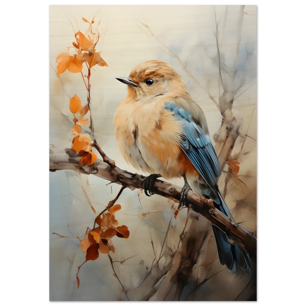 Golden Bluebird on Autumn Branch – Nature Wall Art Print - Wood Prints - 70x100 cm / 28x40″ -