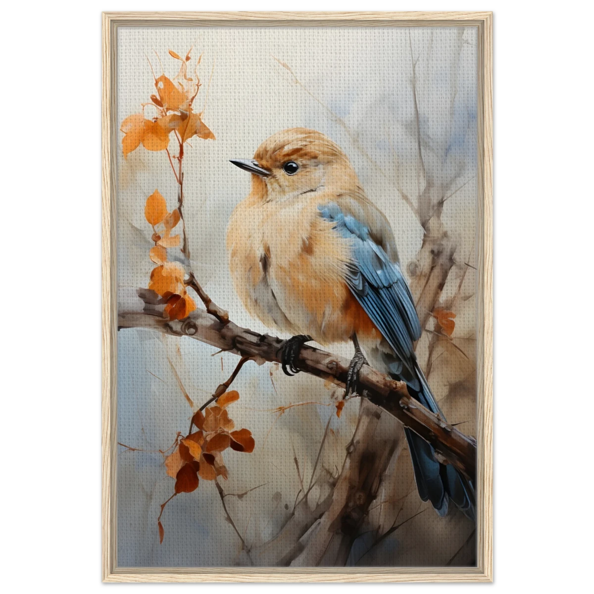 Golden Bluebird on Autumn Branch – Nature Wall Art Print - Framed Canvas - 60x90 cm / 24x36″ - Wood frame