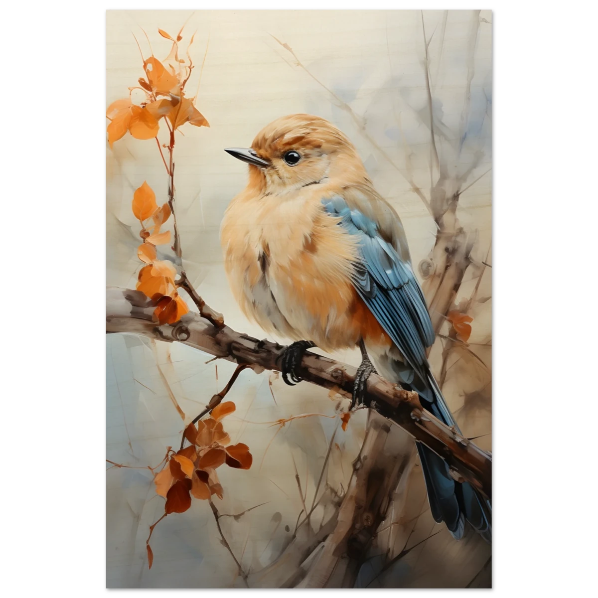 Golden Bluebird on Autumn Branch – Nature Wall Art Print - Wood Prints - 20x30 cm / 8x12″ -