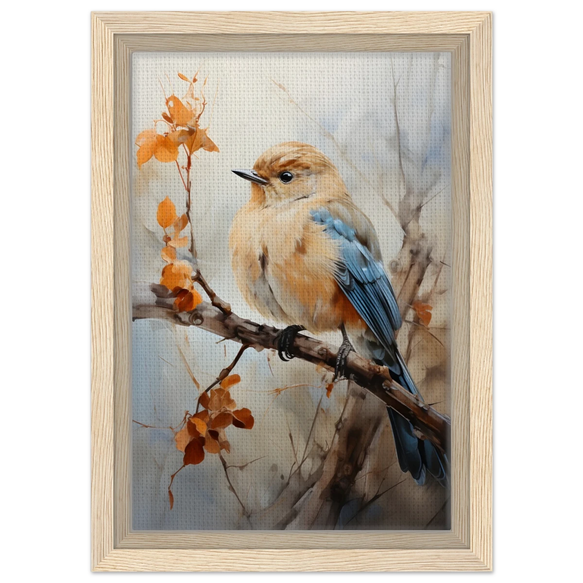Golden Bluebird on Autumn Branch – Nature Wall Art Print - Framed Canvas - 20x30 cm / 8x12″ - Wood frame