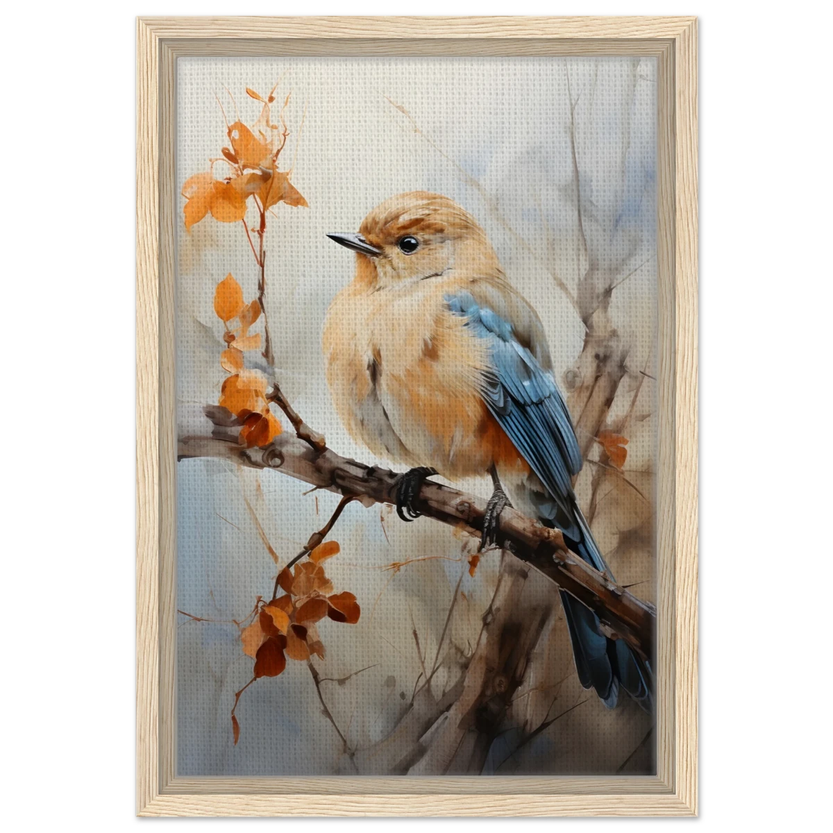 Golden Bluebird on Autumn Branch – Nature Wall Art Print - Framed Canvas - 30x45 cm / 12x18″ - Wood frame