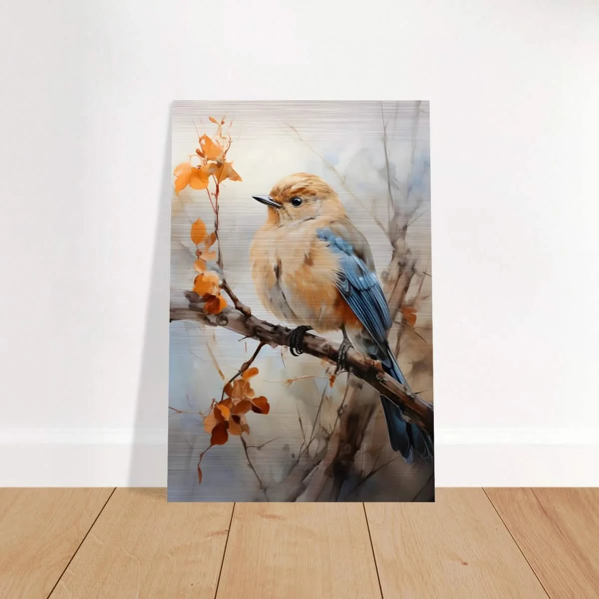 Golden Bluebird on Autumn Branch – Nature Wall Art Print - Brushed Aluminum Print - 20x30 cm / 8x12″ -