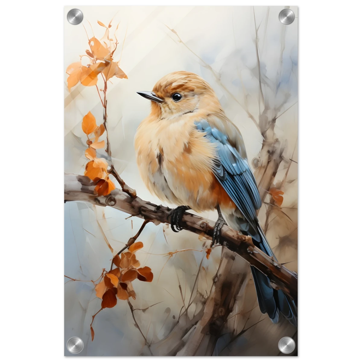 Golden Bluebird on Autumn Branch – Nature Wall Art Print - Acrylic Print - 30x45 cm / 12x18″ -