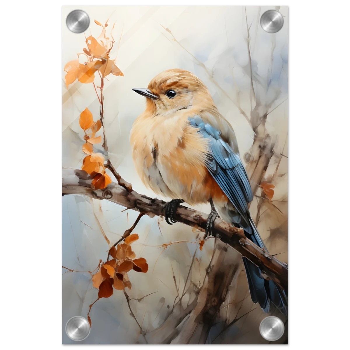 Golden Bluebird on Autumn Branch – Nature Wall Art Print - Acrylic Print - 20x30 cm / 8x12″ -