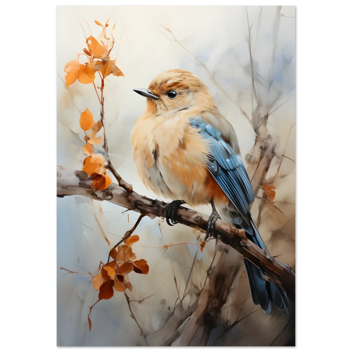Golden Bluebird on Autumn Branch – Nature Wall Art Print - Fine Art Poster - 70x100 cm / 28x40″ -
