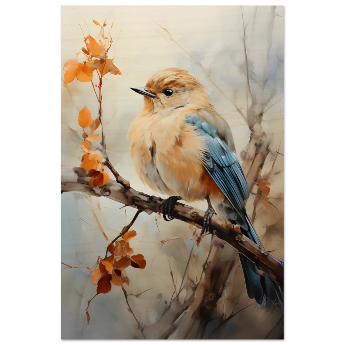 Golden Bluebird on Autumn Branch – Nature Wall Art Print - Wood Prints - 60x90 cm / 24x36″ -