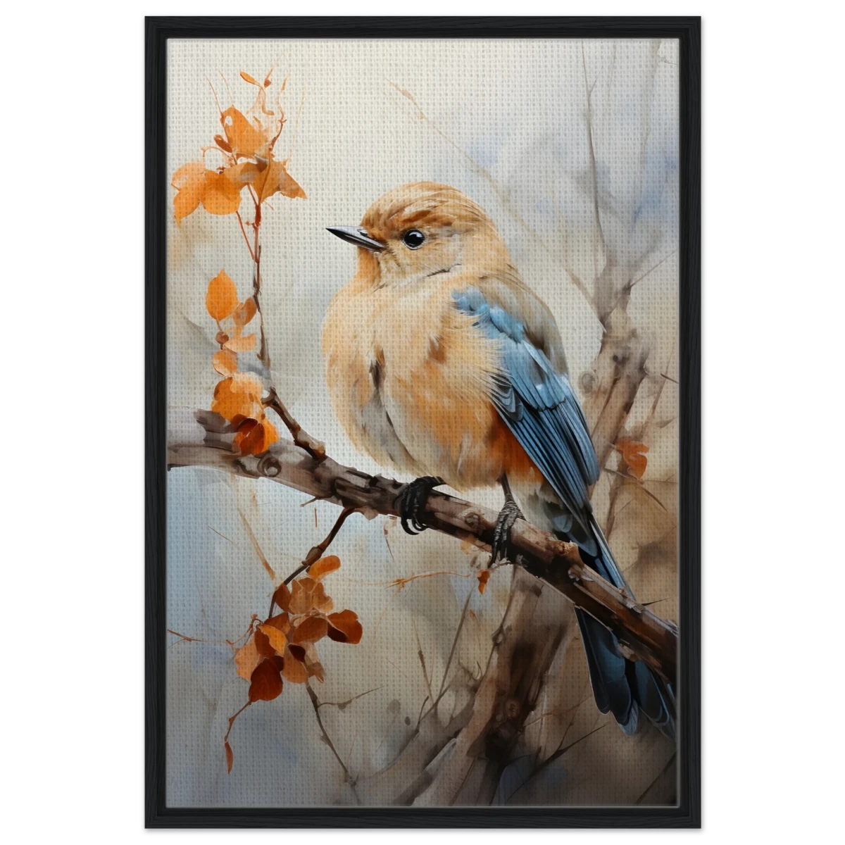 Golden Bluebird on Autumn Branch – Nature Wall Art Print - Framed Canvas - 60x90 cm / 24x36″ - Black frame