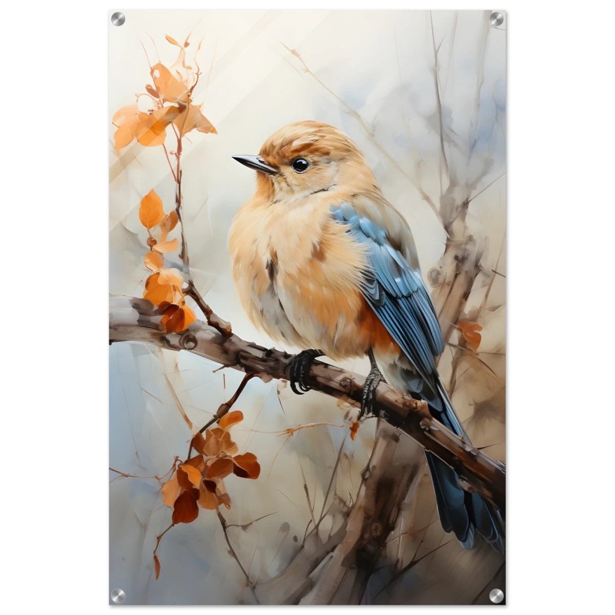 Golden Bluebird on Autumn Branch – Nature Wall Art Print - Acrylic Print - 60x90 cm / 24x36″ -