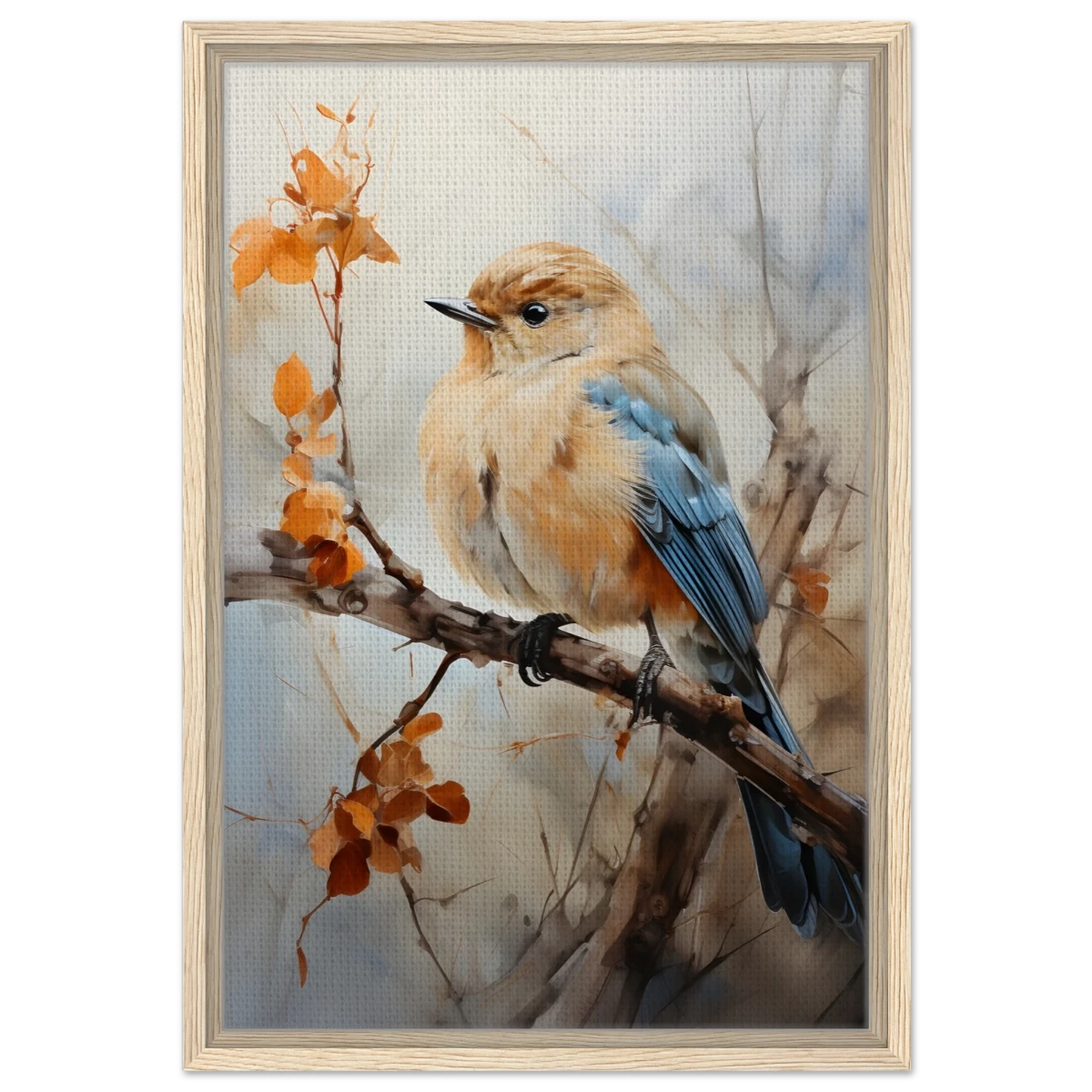 Golden Bluebird on Autumn Branch – Nature Wall Art Print - Framed Canvas - 40x60 cm / 16x24″ - Wood frame