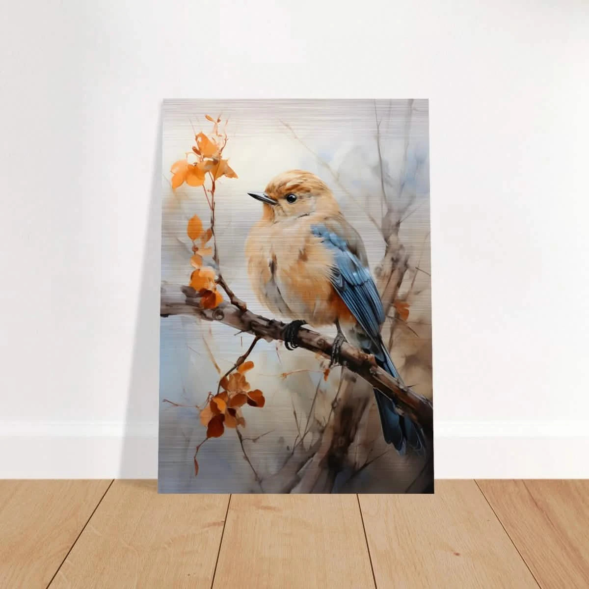 Golden Bluebird on Autumn Branch – Nature Wall Art Print - Brushed Aluminum Print - 70x100 cm / 28x40″ -