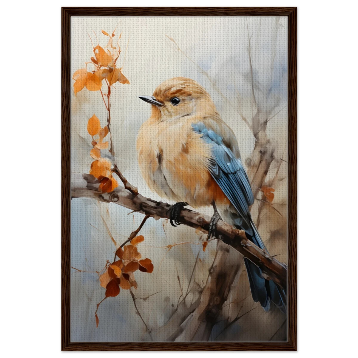 Golden Bluebird on Autumn Branch – Nature Wall Art Print - Framed Canvas - 60x90 cm / 24x36″ - Dark wood frame