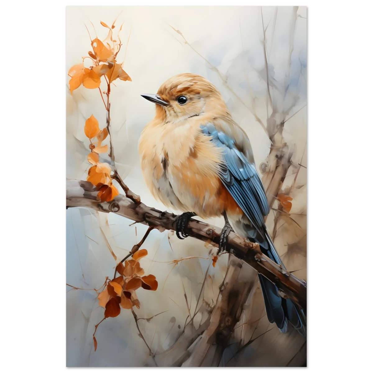 Golden Bluebird on Autumn Branch – Nature Wall Art Print - Fine Art Poster - 30x45 cm / 12x18″ -