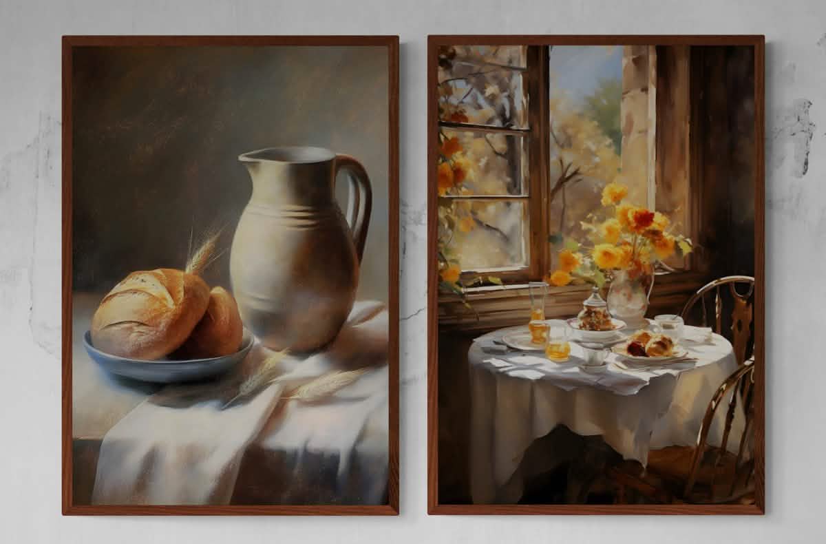 Golden Breakfast Moments | bundle of 2 canvas prints - Framed Canvas - 30X45 CM / 12X18″ - Dark wood frame