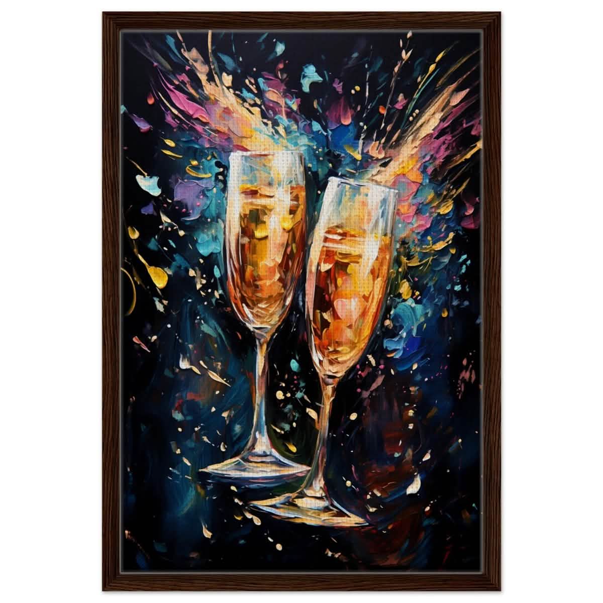 Golden Celebration: Champagne Dreams | Abstract wall art print - Framed Canvas - 50x75 cm / 20x30″ - Dark wood frame