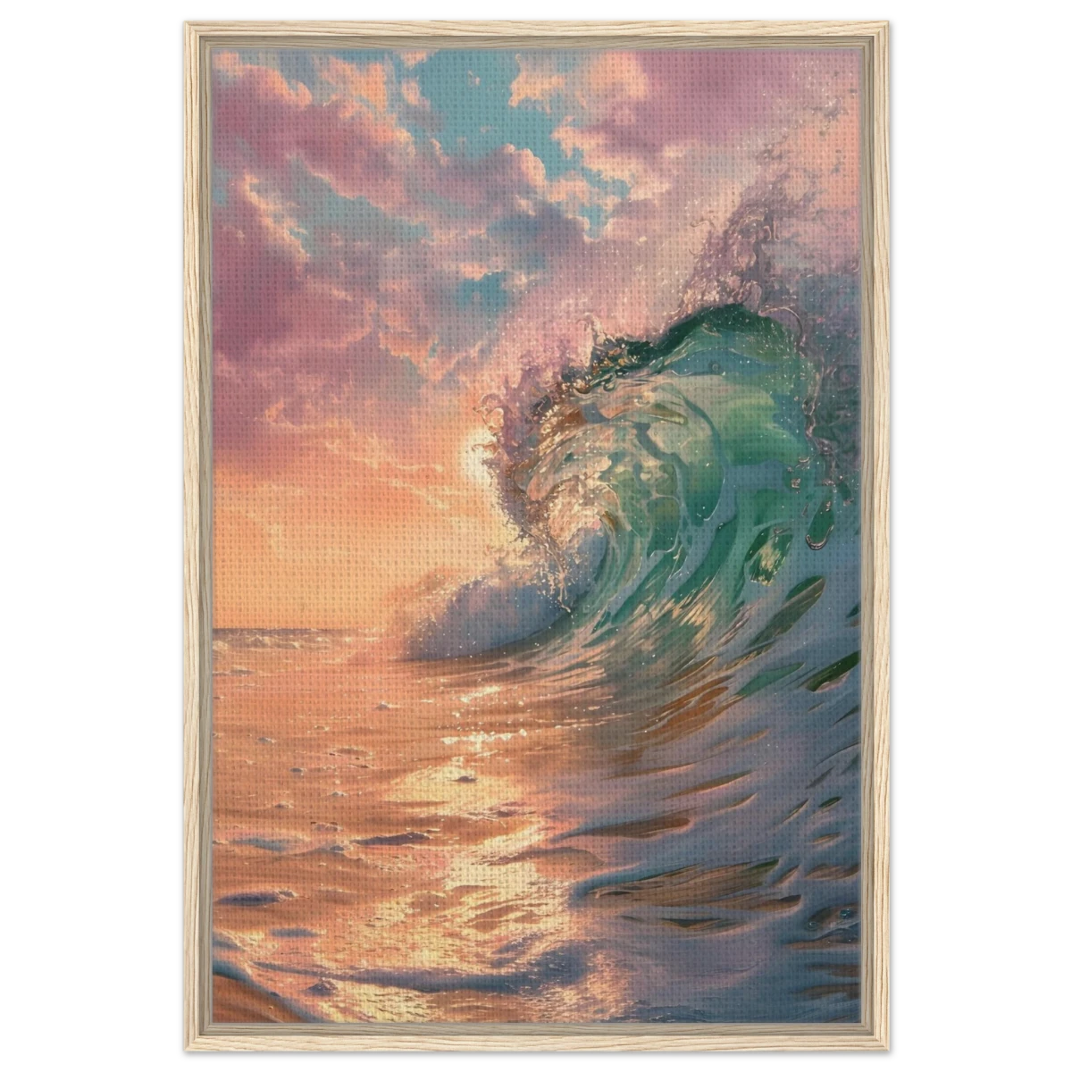"Golden Curl" – Sunset Ocean Wave Wall Art Print - Framed Canvas - 60x90 cm / 24x36″ - Wood frame