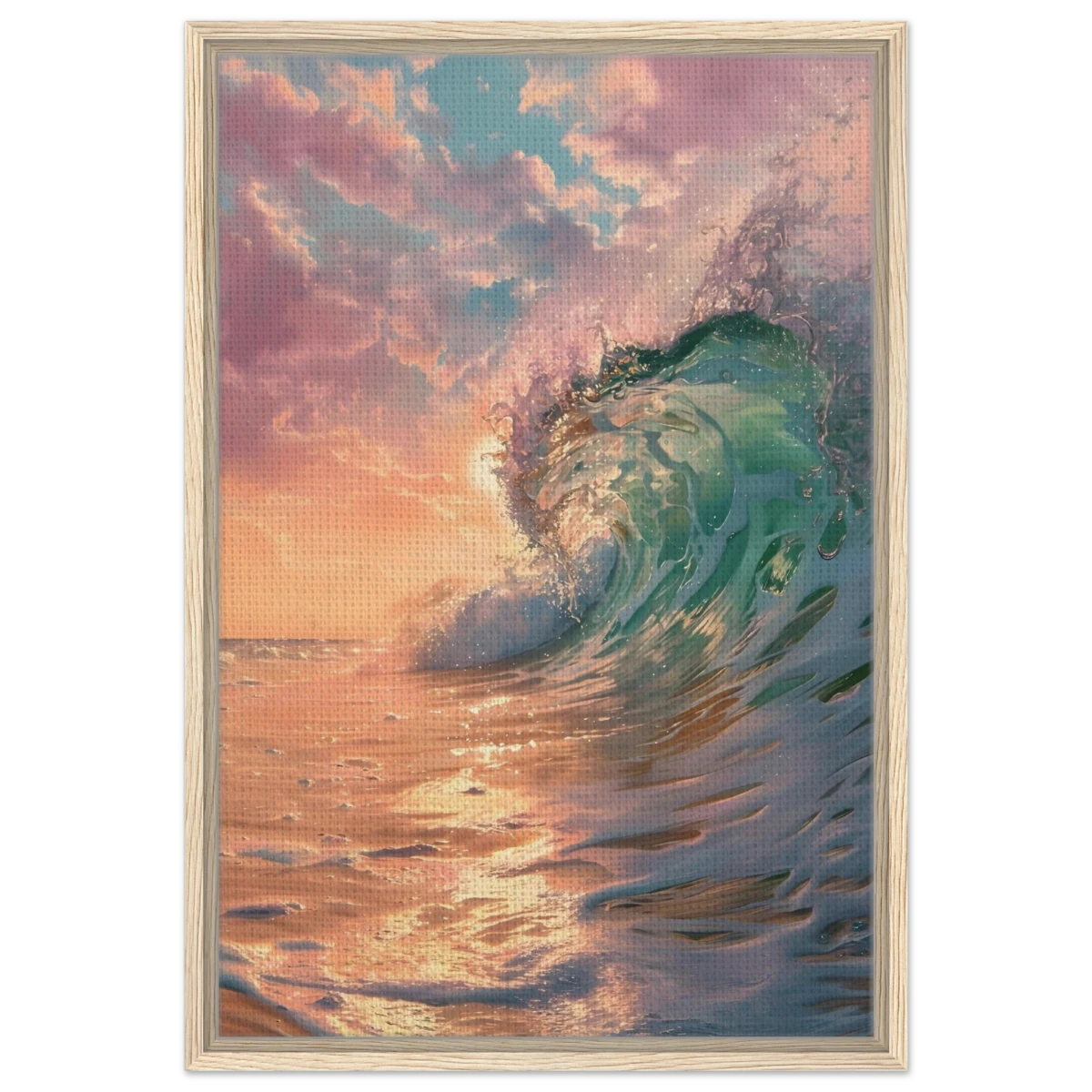 "Golden Curl" – Sunset Ocean Wave Wall Art Print - Framed Canvas - 50x75 cm / 20x30″ - Wood frame