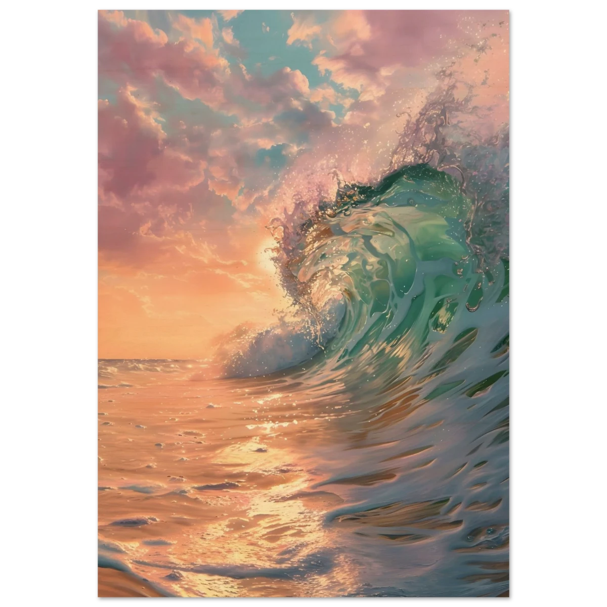 "Golden Curl" – Sunset Ocean Wave Wall Art Print - Wood Prints - 70x100 cm / 28x40″ -