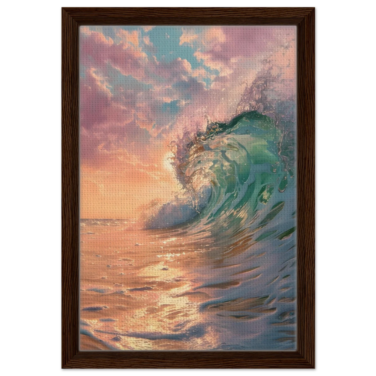 "Golden Curl" – Sunset Ocean Wave Wall Art Print - Framed Canvas - 30x45 cm / 12x18″ - Dark wood frame