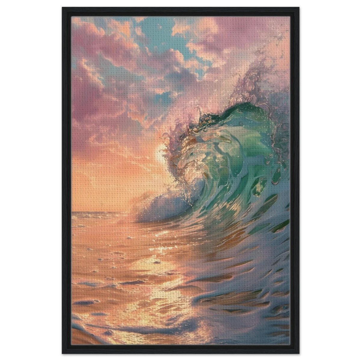"Golden Curl" – Sunset Ocean Wave Wall Art Print - Framed Canvas - 60x90 cm / 24x36″ - Black frame