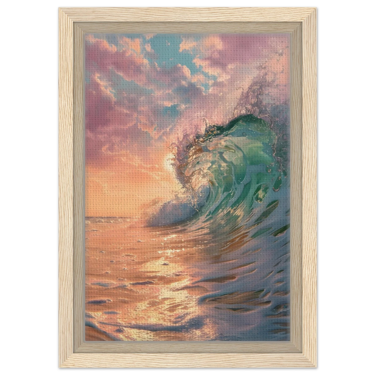 "Golden Curl" – Sunset Ocean Wave Wall Art Print - Framed Canvas - 20x30 cm / 8x12″ - Wood frame