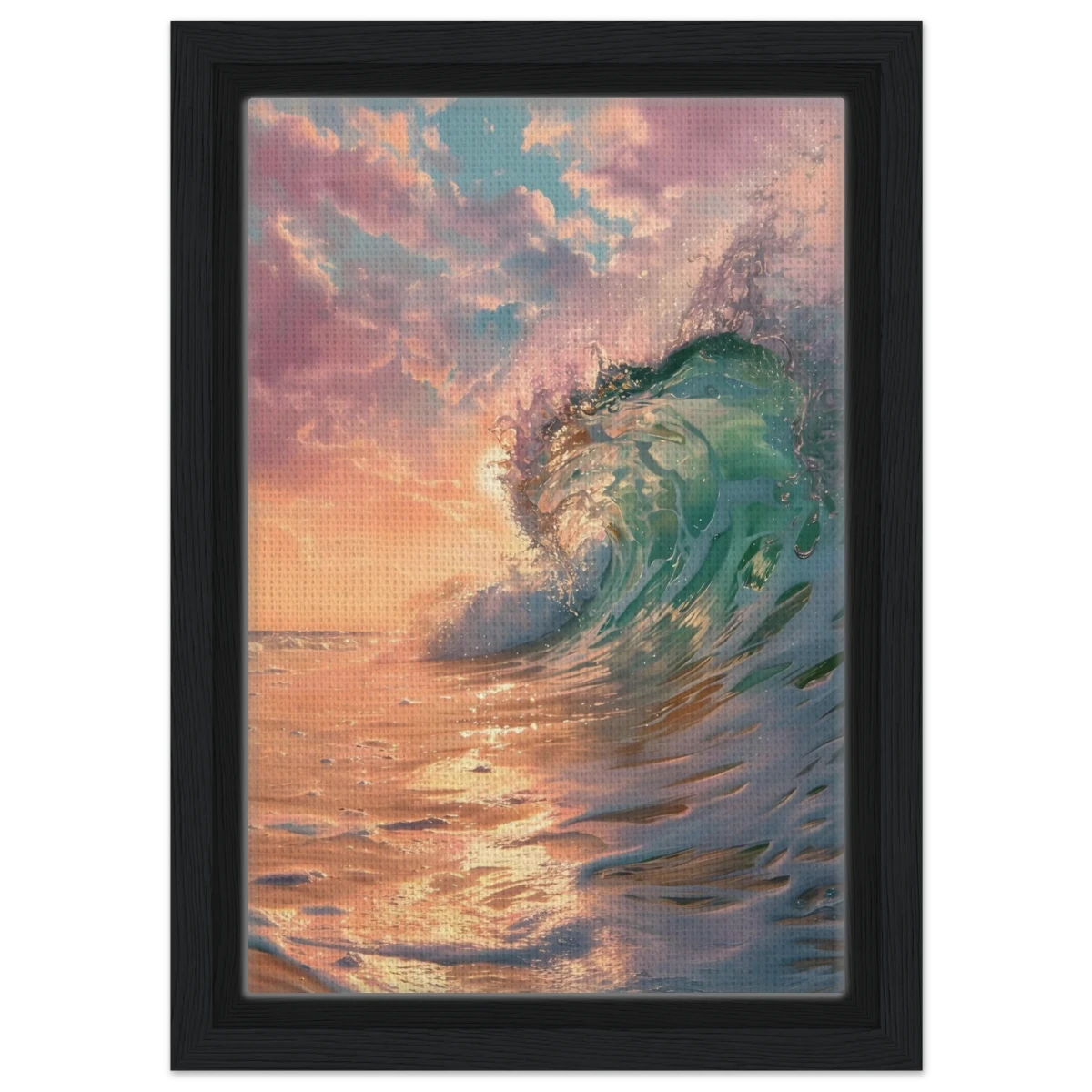 "Golden Curl" – Sunset Ocean Wave Wall Art Print - Framed Canvas - 20x30 cm / 8x12″ - Black frame