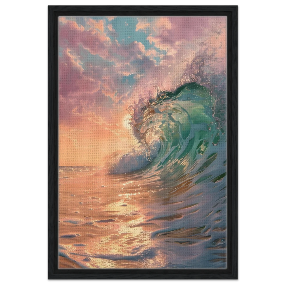 "Golden Curl" – Sunset Ocean Wave Wall Art Print - Framed Canvas - 40x60 cm / 16x24″ - Black frame