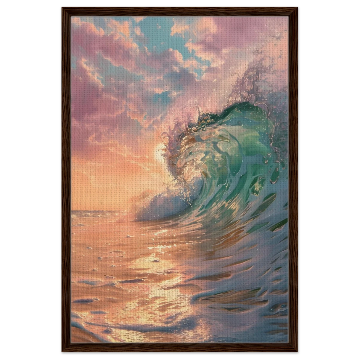 "Golden Curl" – Sunset Ocean Wave Wall Art Print - Framed Canvas - 60x90 cm / 24x36″ - Dark wood frame
