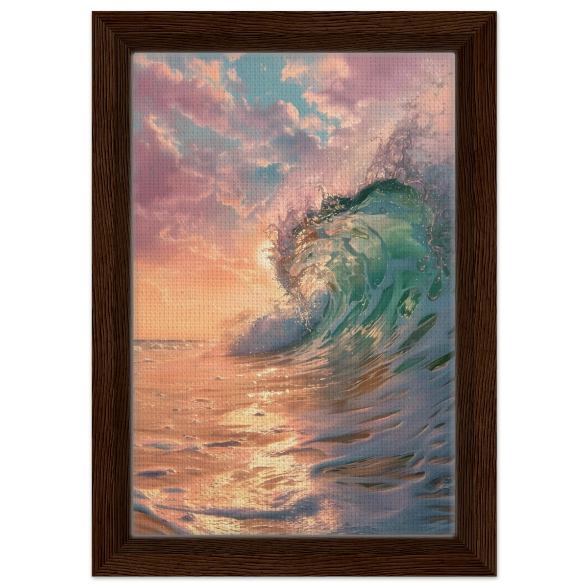 "Golden Curl" – Sunset Ocean Wave Wall Art Print - Framed Canvas - 20x30 cm / 8x12″ - Dark wood frame