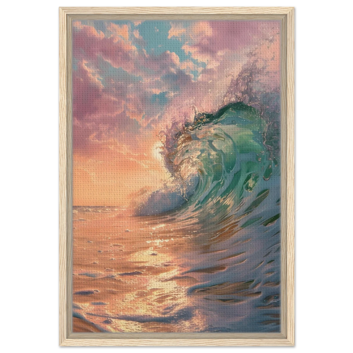 "Golden Curl" – Sunset Ocean Wave Wall Art Print - Framed Canvas - 40x60 cm / 16x24″ - Wood frame