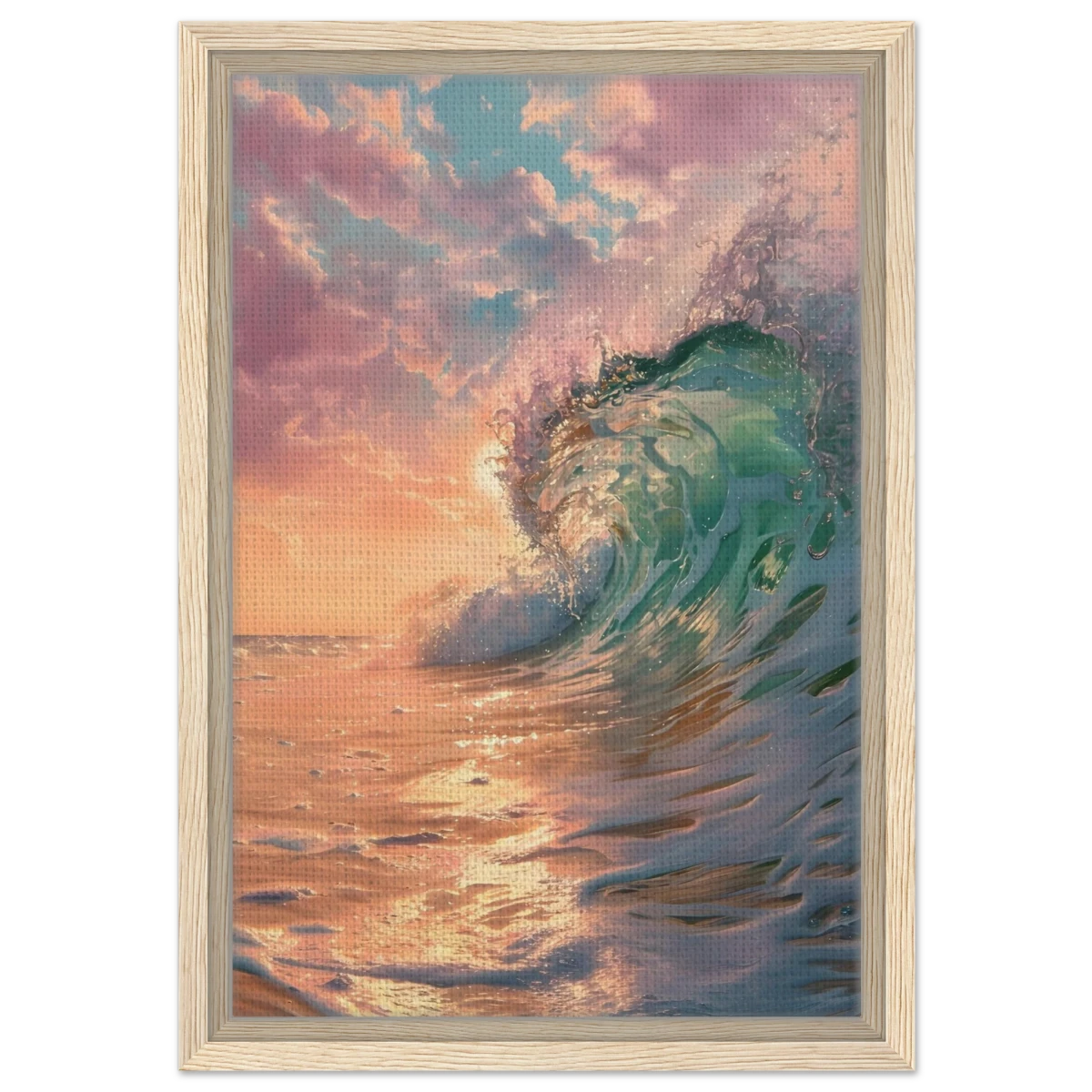 "Golden Curl" – Sunset Ocean Wave Wall Art Print - Framed Canvas - 30x45 cm / 12x18″ - Wood frame