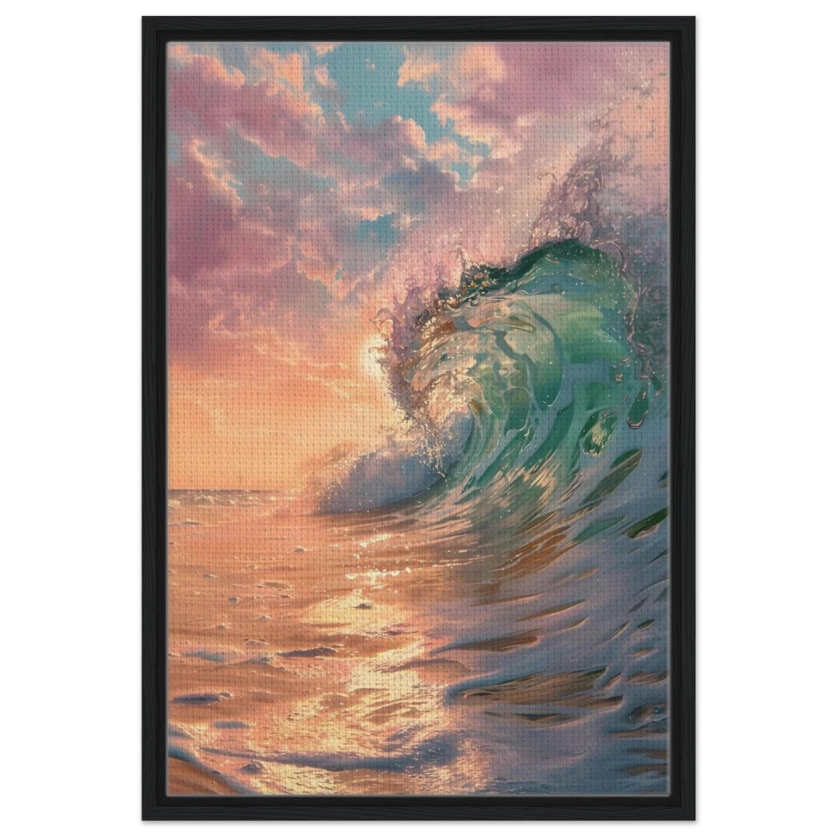 "Golden Curl" – Sunset Ocean Wave Wall Art Print - Framed Canvas - 50x75 cm / 20x30″ - Black frame