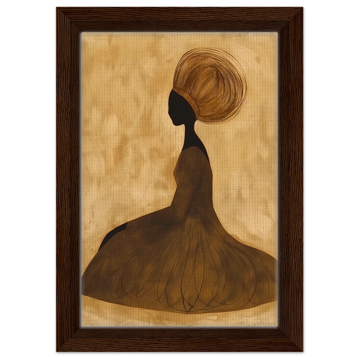 Golden Grace – Afrocentric Minimalist Silhouette Wall Art Print - Framed Canvas - 20x30 cm / 8x12″ - Dark wood frame