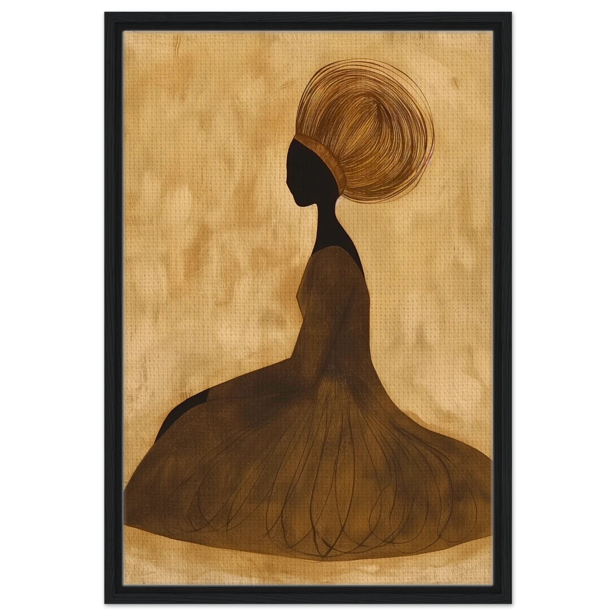 Golden Grace – Afrocentric Minimalist Silhouette Wall Art Print - Framed Canvas - 50x75 cm / 20x30″ - Black frame