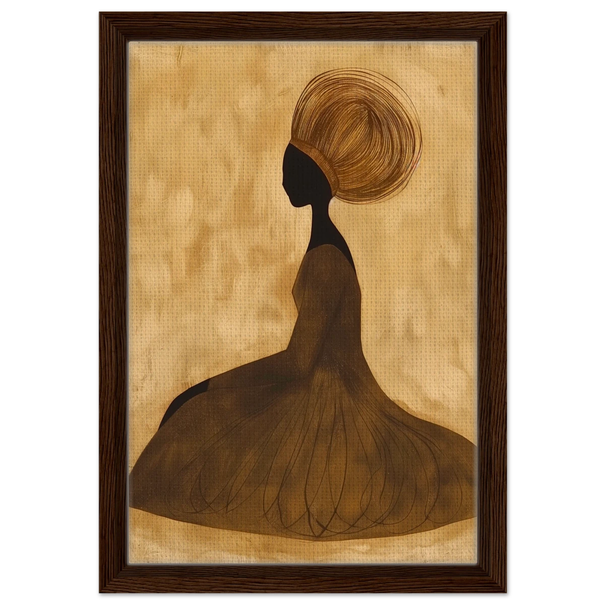 Golden Grace – Afrocentric Minimalist Silhouette Wall Art Print - Framed Canvas - 30x45 cm / 12x18″ - Dark wood frame