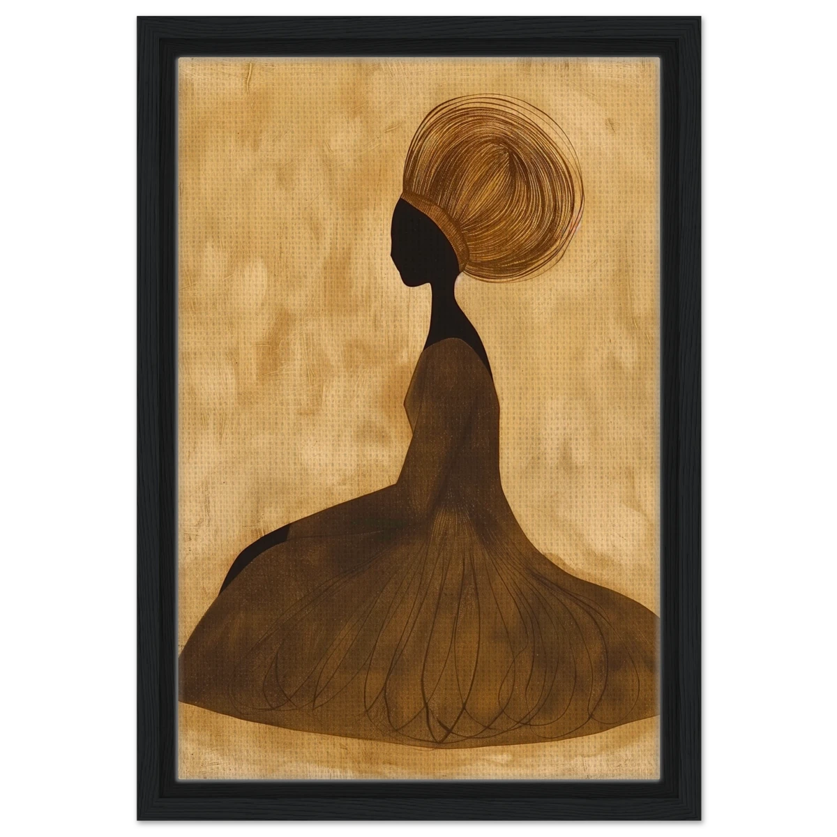 Golden Grace – Afrocentric Minimalist Silhouette Wall Art Print - Framed Canvas - 30x45 cm / 12x18″ - Black frame