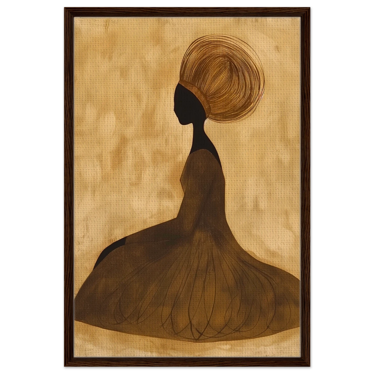 Golden Grace – Afrocentric Minimalist Silhouette Wall Art Print - Framed Canvas - 60x90 cm / 24x36″ - Dark wood frame